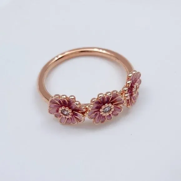 Pandora Pink Daisy Trio Ring Size 7.5 NEW - Picture 1 of 4